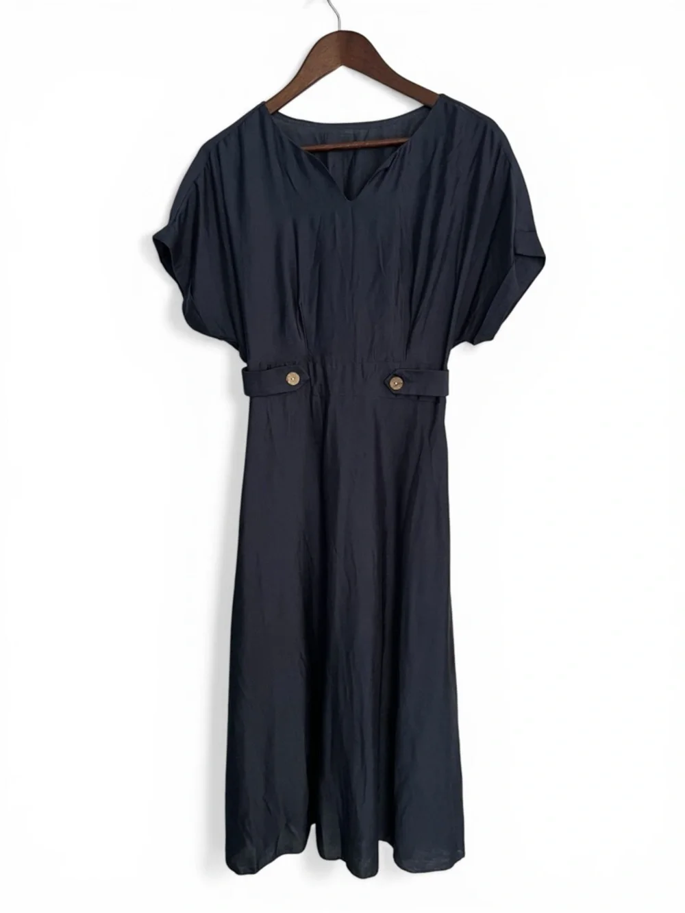 SHEIN Navy Blue V-Neck Midi Dress with Button Waist Tabs - 6 - Picture 2 of 10